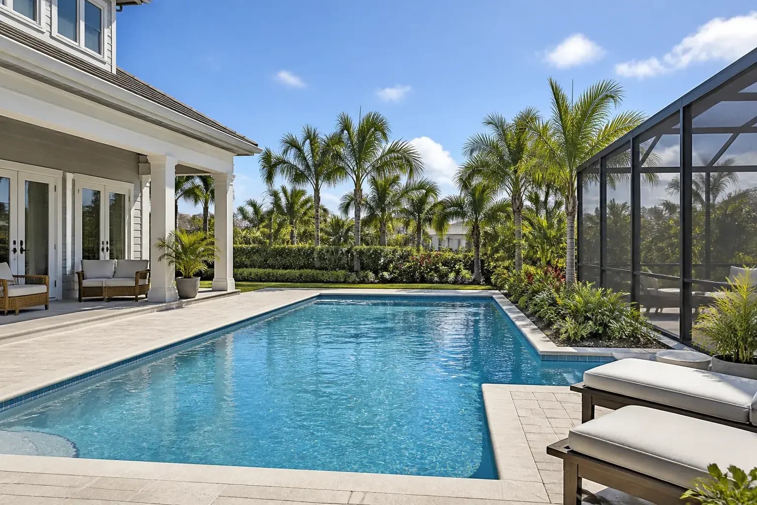 Clean pool courtyard beside a screened Florida home
