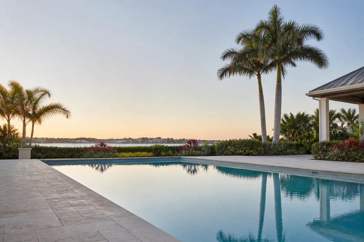 Serene backyard pool with open space for text