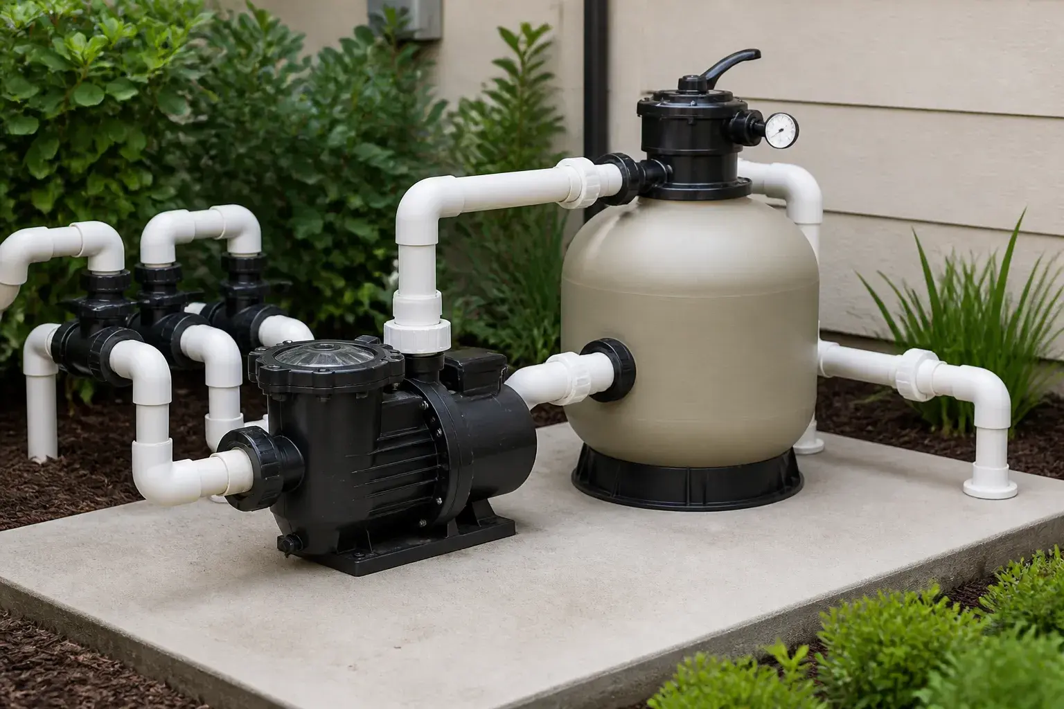 New pool pump and filter installation on a clean equipment pad