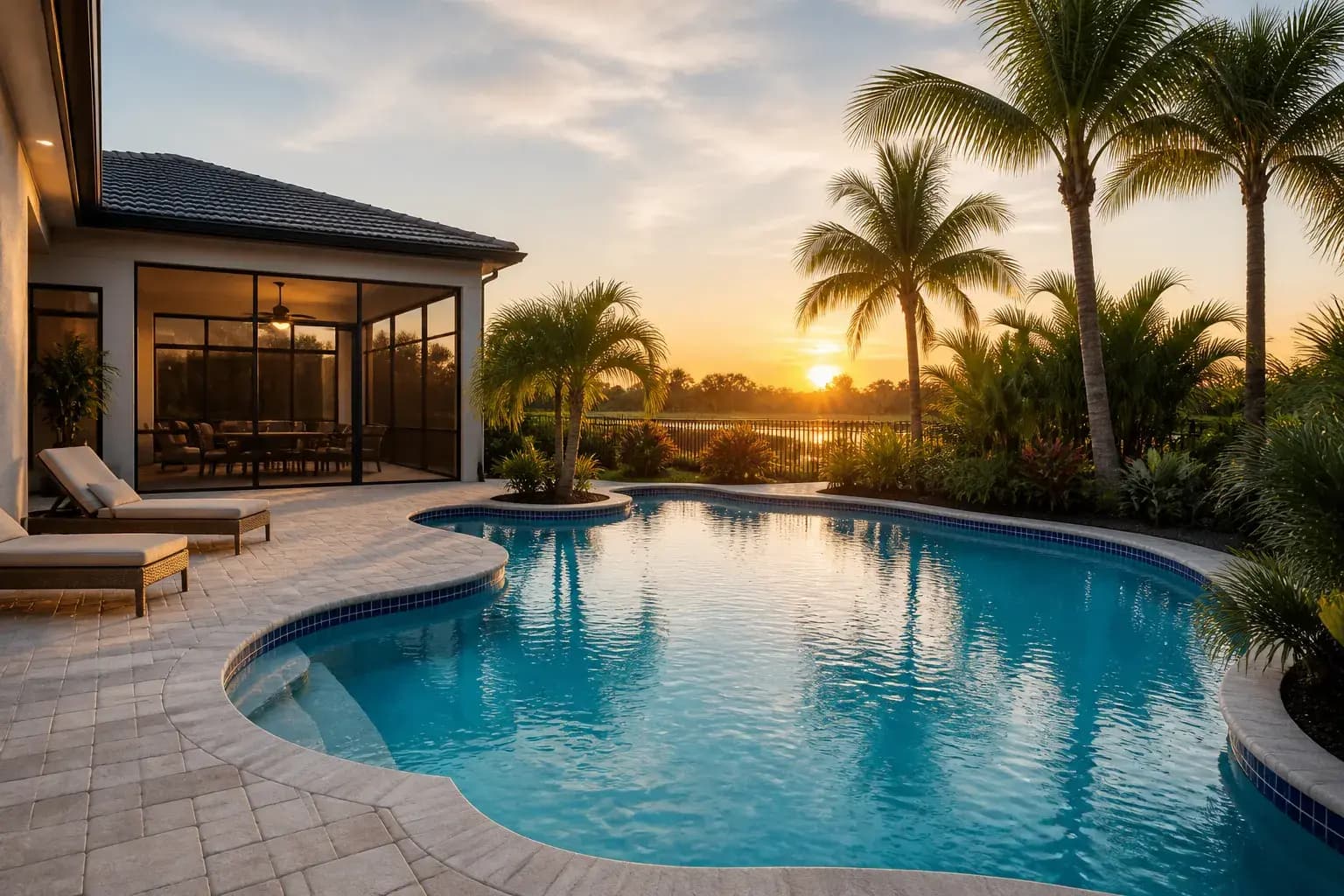 Pristine Sarasota backyard pool with clear water and palms