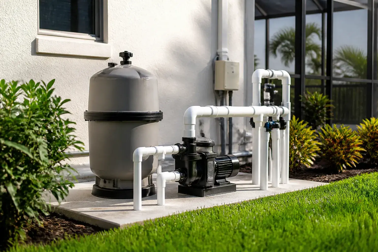 Completed pool equipment installation on a neat pad